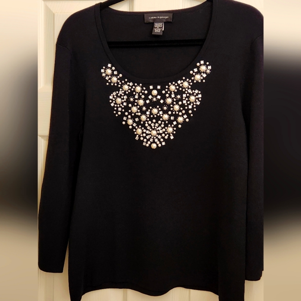 Knit top with pearl and rhinestone embellishments